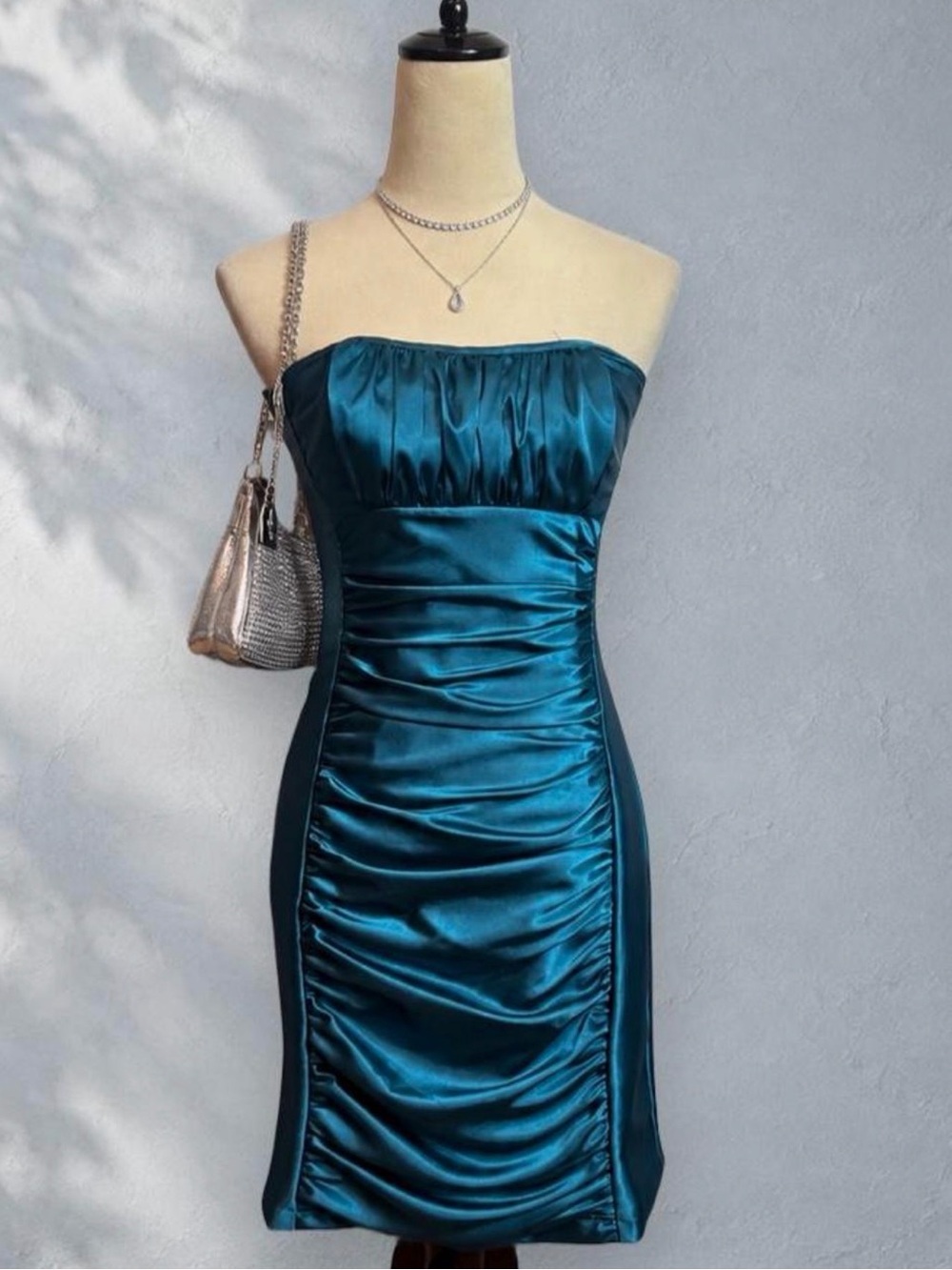 Juno Teal Satin Strapless Ruched Bodycon Cocktail Party Dress Small USA